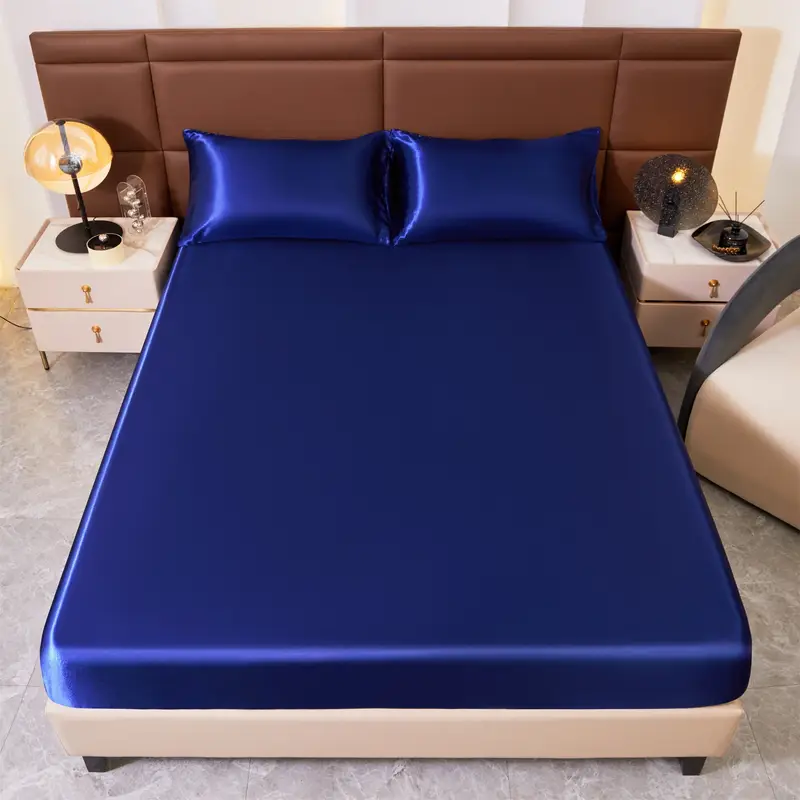 1 Set (4 Pcs) Satin Silk Bed Set- Color: Navy Blue - Image 5