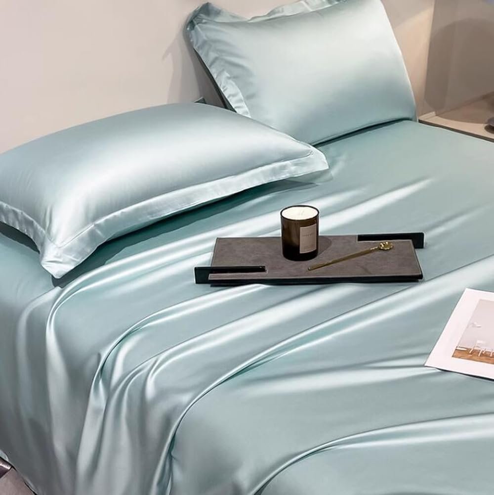 1 Set (4 Pcs) Satin Silk Bed Set- Color: Ocean blue - Image 3