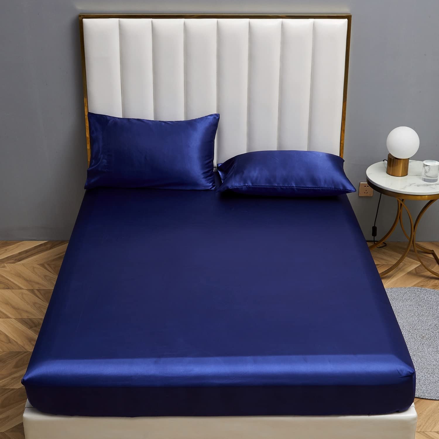 1 Set (4 Pcs) Satin Silk Bed Set- Color: Navy Blue