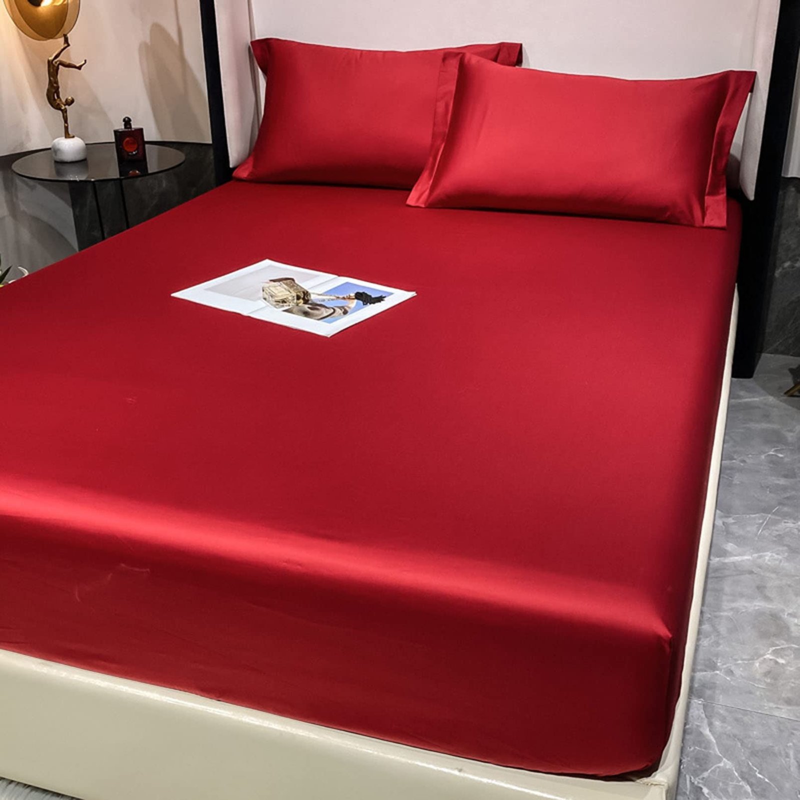 4 Pcs Satin Silk Bed Set- Scariet Red - Image 4