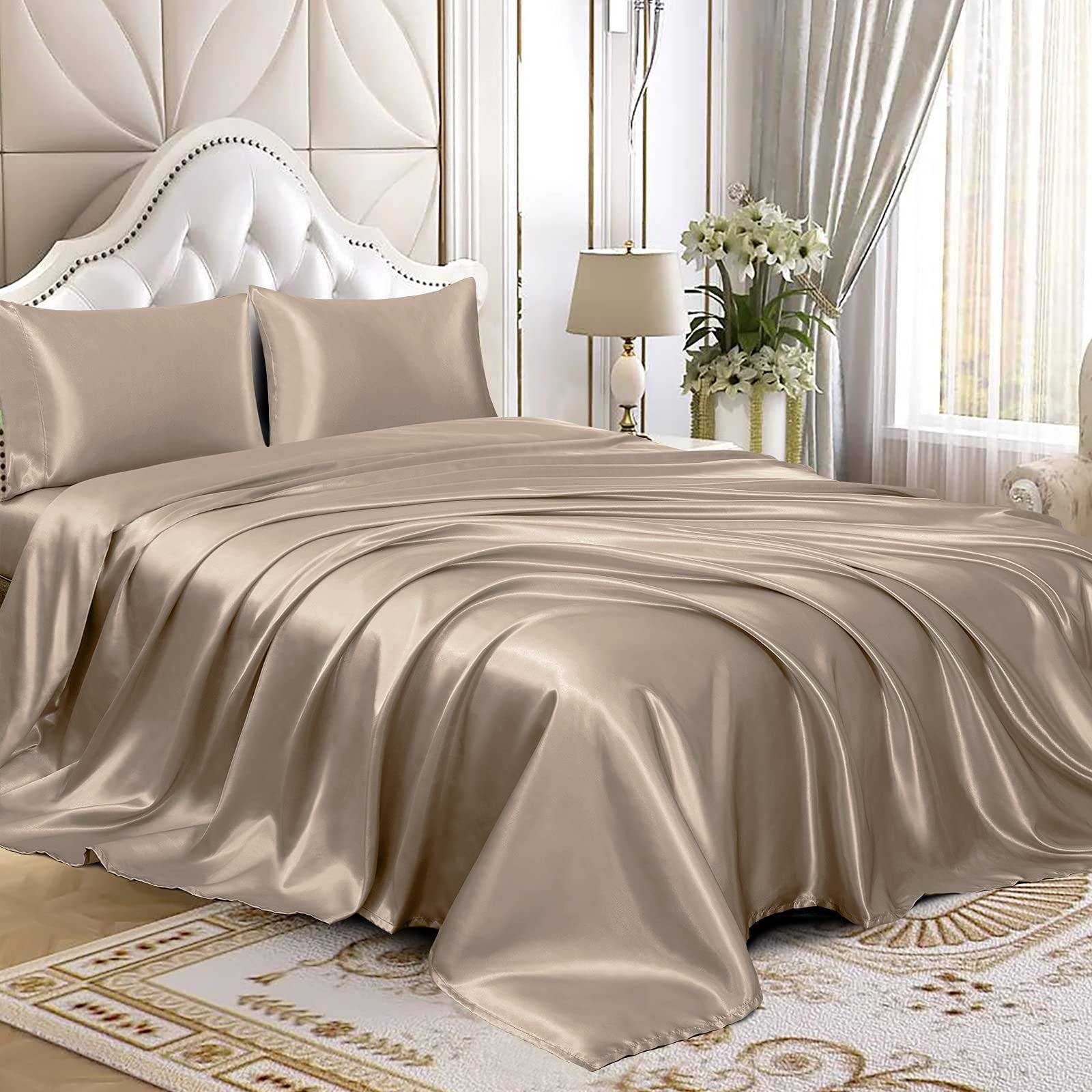 1 Set (4 Pcs) Satin Silk Bed Set- Color: Sand Beige (Gold) - Image 4