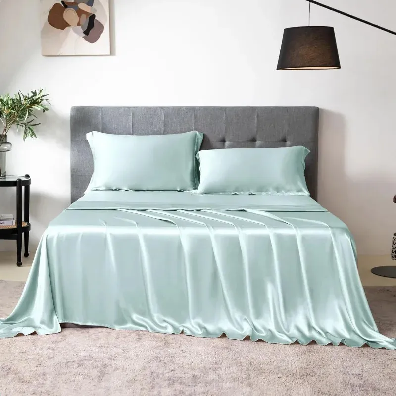 1 Set (4 Pcs) Satin Silk Bed Set- Color: Ocean blue - Image 4