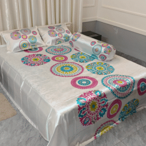 Nokshi Multi Print-Premium Textile Printed Satin Silk Bed Sheet & Pillow Caver Set